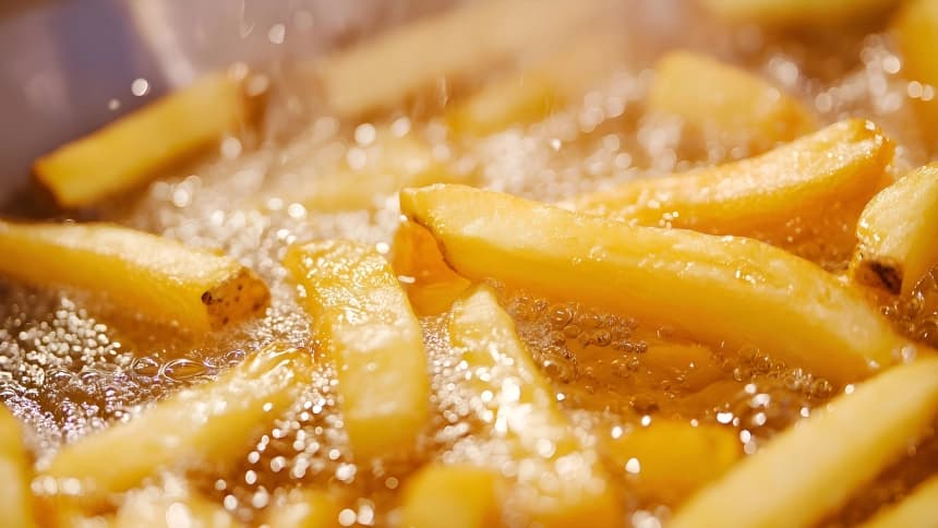 Close-up of golden French fries frying in hot oil, with bubbles forming around the fries in a commercial deep fryer.