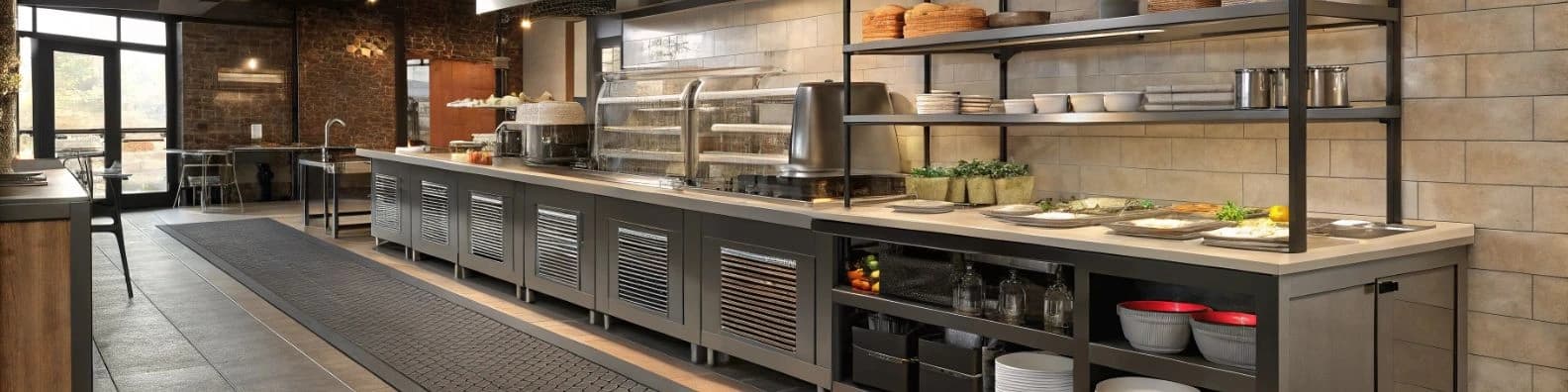 Streamlined workstation with open shelving and organized service prep layout.
