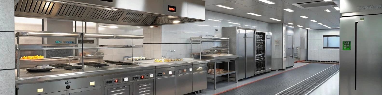 Spacious commercial kitchen with anti-slip mats and stainless steel surfaces.