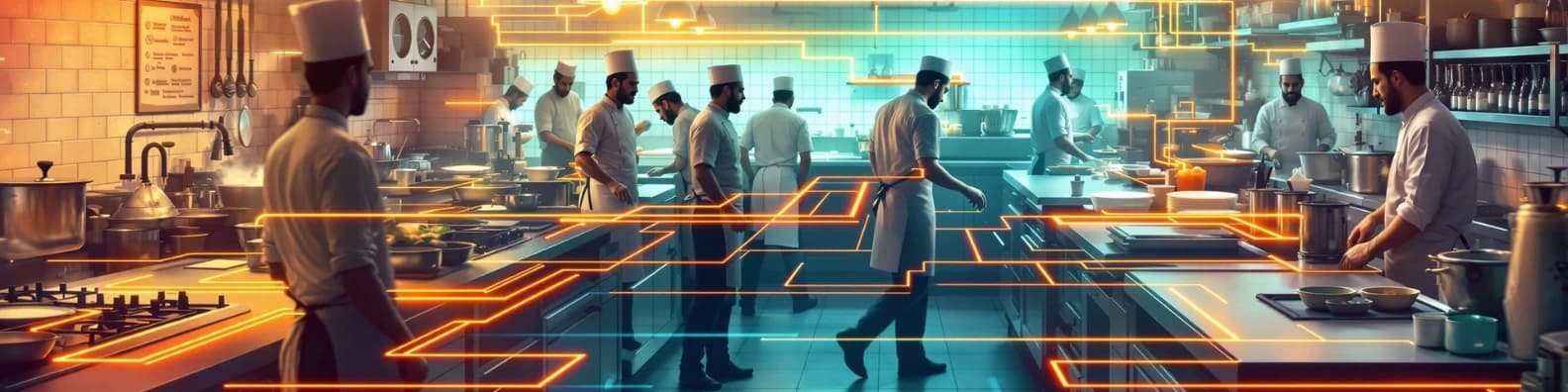 Digital overlay shows chefs navigating high-efficiency commercial kitchen workflow.