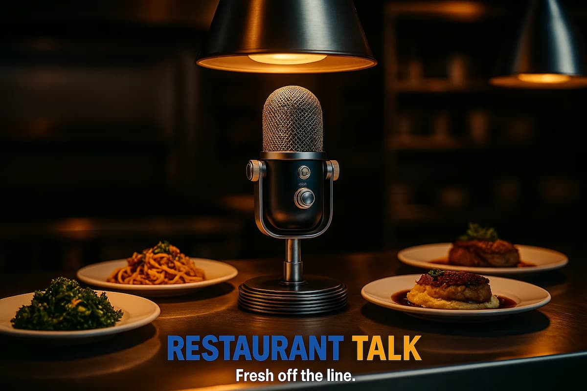 Restaurant Talk podcast microphone spotlighted on kitchen counter with plated gourmet dishes