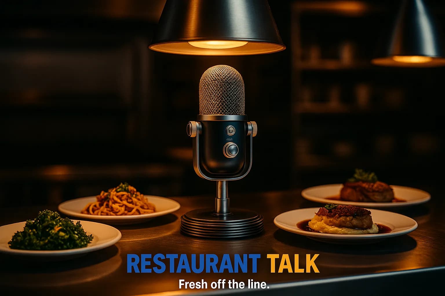 Restaurant Talk podcast microphone spotlighted on kitchen counter with plated gourmet dishes