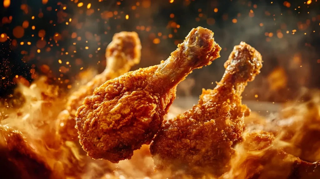 Crispy fried chicken drumsticks surrounded by golden, sizzling oil droplets, highlighting the perfect coating that absorbs less fry-oil.