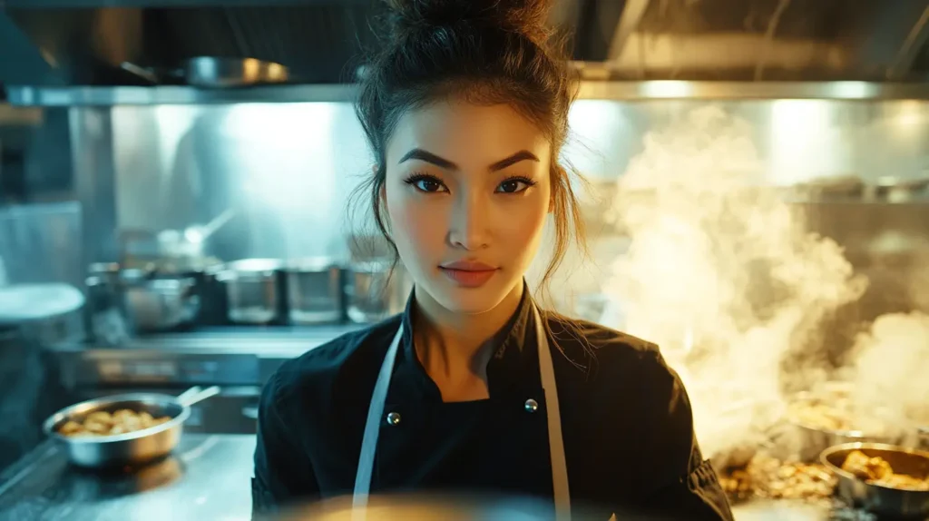 A focused chef in a commercial kitchen, surrounded by steam rising from cooking pans, with expertise in extending fry oil lifespan.