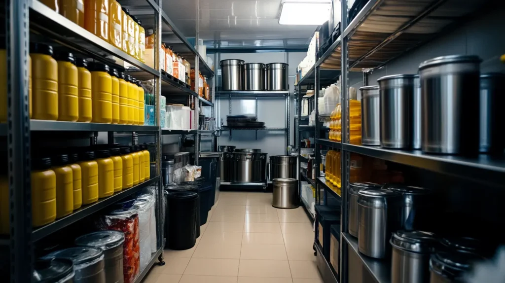 A well-organized restaurant storage area filled with neatly stacked containers and drums of cooking oil on stainless steel shelves.