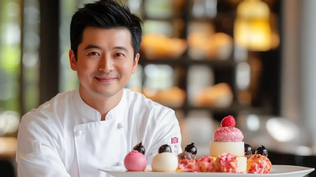 A professional chef in a white uniform is smiling at the camera while presenting an elegant plate of assorted, colorful gourmet desserts.