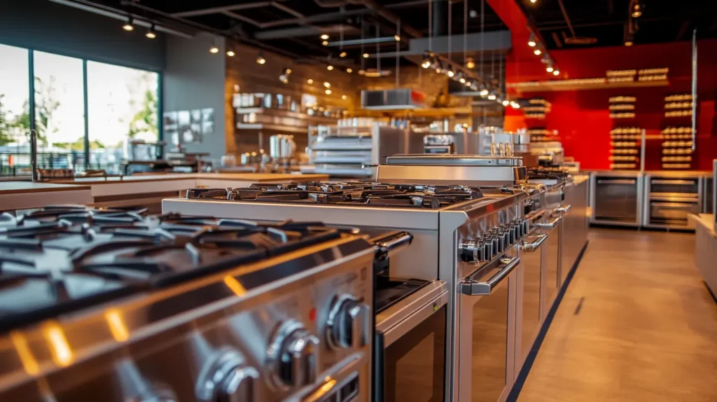 A modern interior of a commercial kitchen showroom with stainless steel stoves and appliances, typically found in restaurant supply stores.