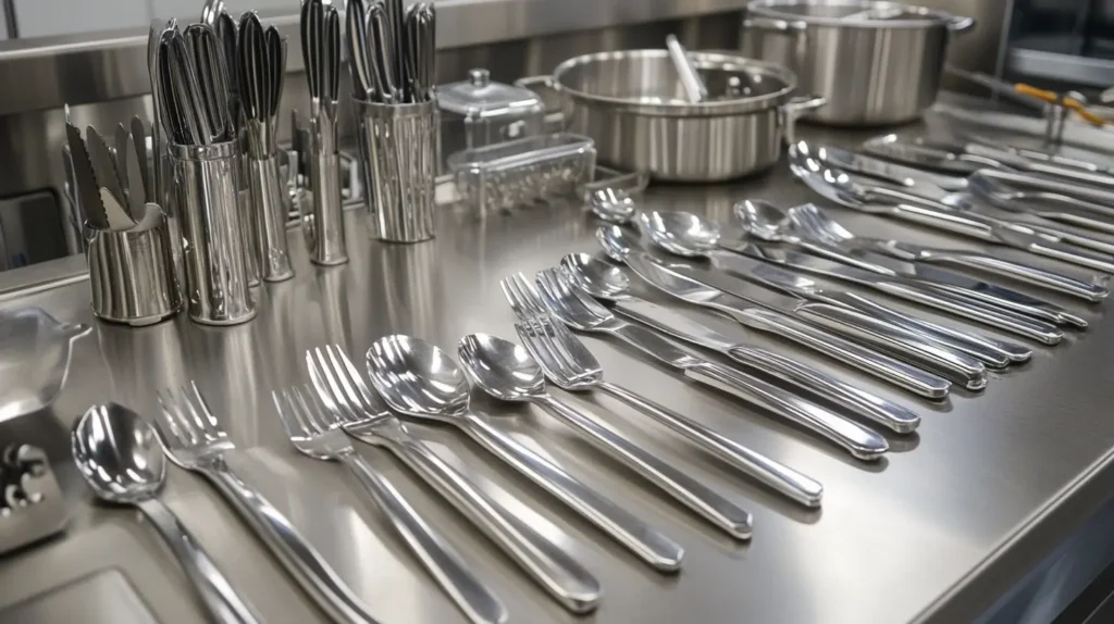 Neatly organized chef supplies of stainless steel cutlery and utensils on a kitchen counter, representing essential chef supplies.