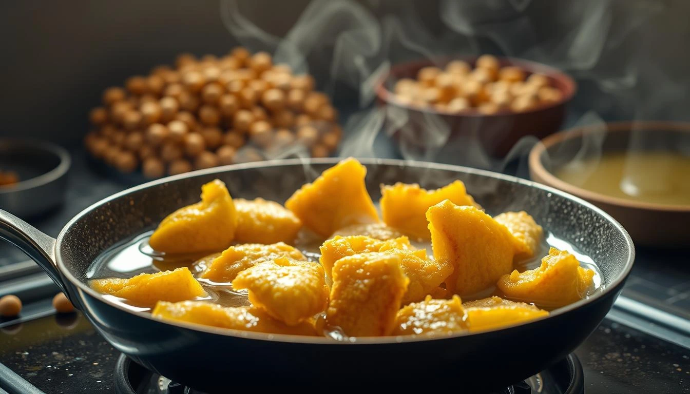 Cooking yellow soybean chunks in pan, steaming.