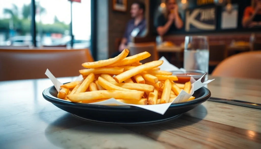Plate of crispy french fries served with ketchup in a casual restaurant.