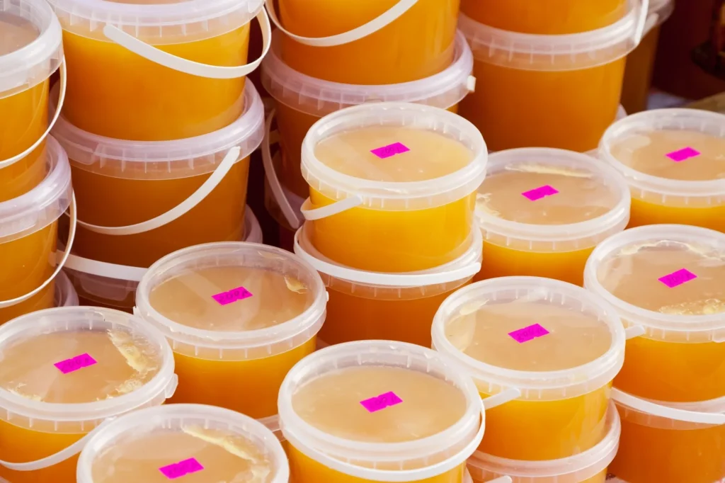 Vibrant clear storage containers with labels in a pantry.
