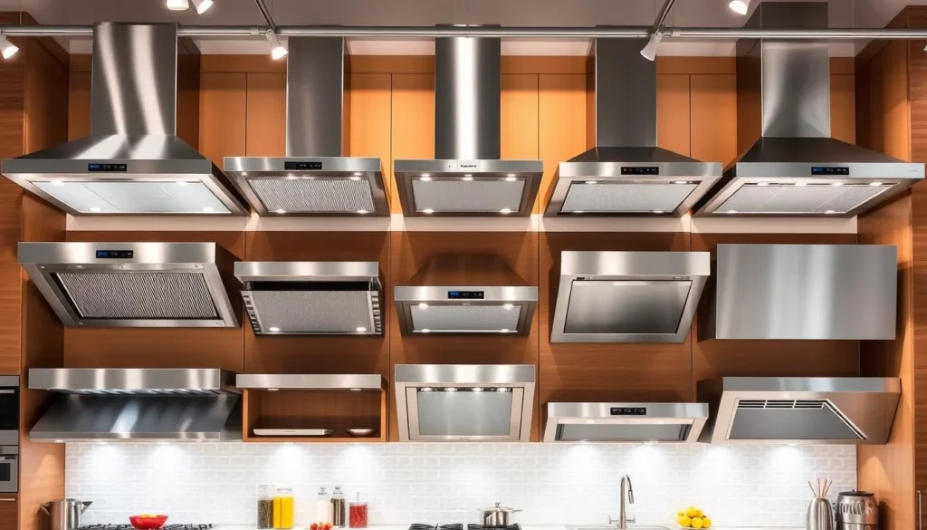 Variety of commercial vent hoods for kitchen exhaust.