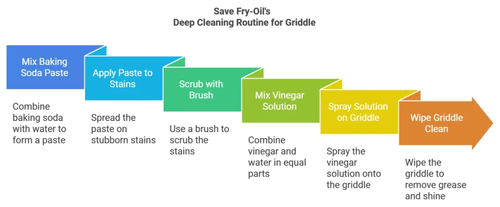 Diagram showing Save Fry-Oil deep cleaning steps for a griddle