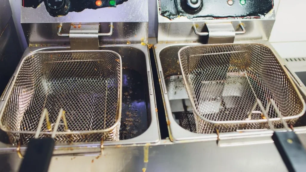 Dirty deep fryer baskets in stainless steel fryers
