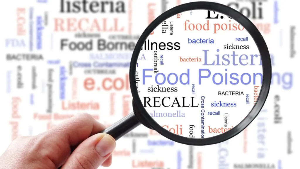 Magnifying glass highlighting food safety and recall issues