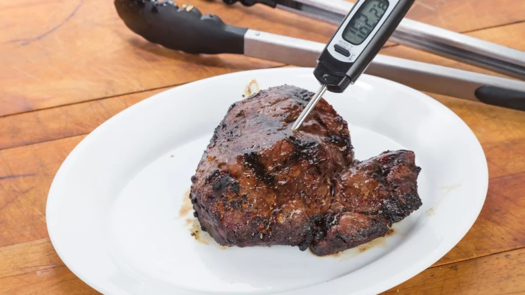 Cooked meat with a thermometer measuring temperature