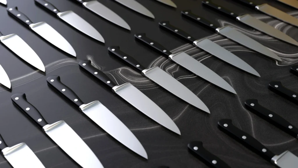 kitchen knives laid out on a table cloth