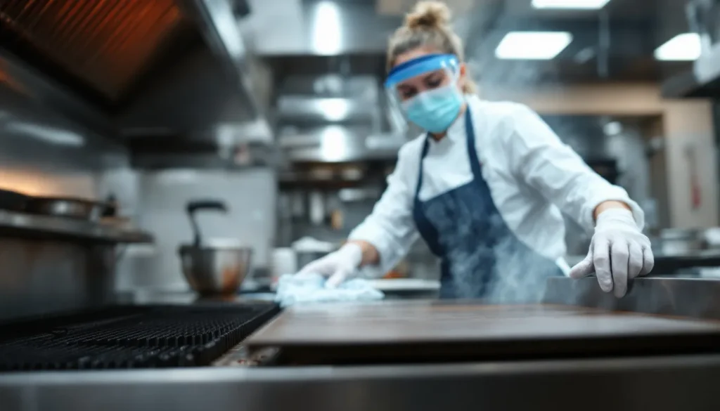 Kitchen worker cleaning a griddle with protective gear