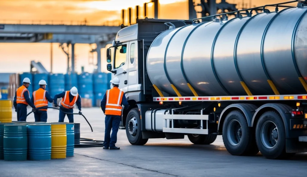 Workers managing oil collection near a truck