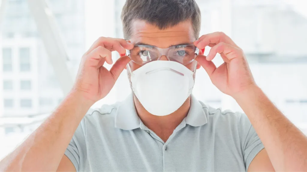 Person wearing personal protective equipment, including safety goggles and a face mask