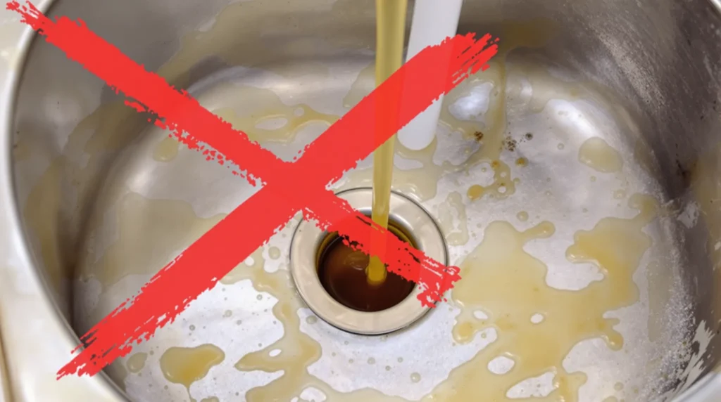Oil being poured into a sink with a red cross indicating improper disposal.