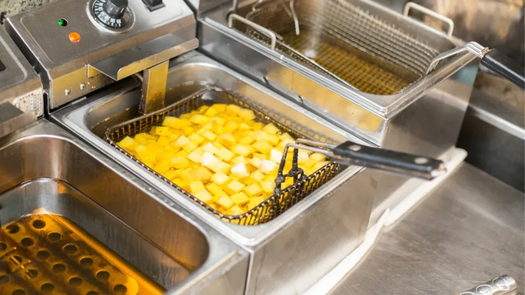 French fries being fried in a commercial deep fryer with freshly refilled oil.