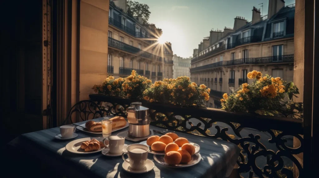 Parisian breakfast with sunlight on city buildings.
