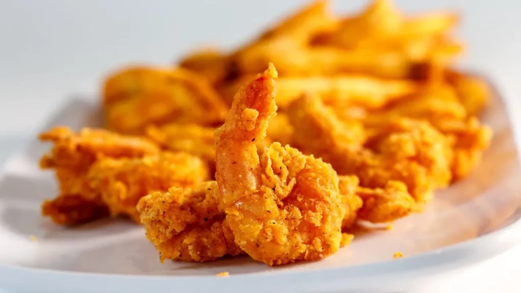 Crispy fried shrimp with golden fries on plate