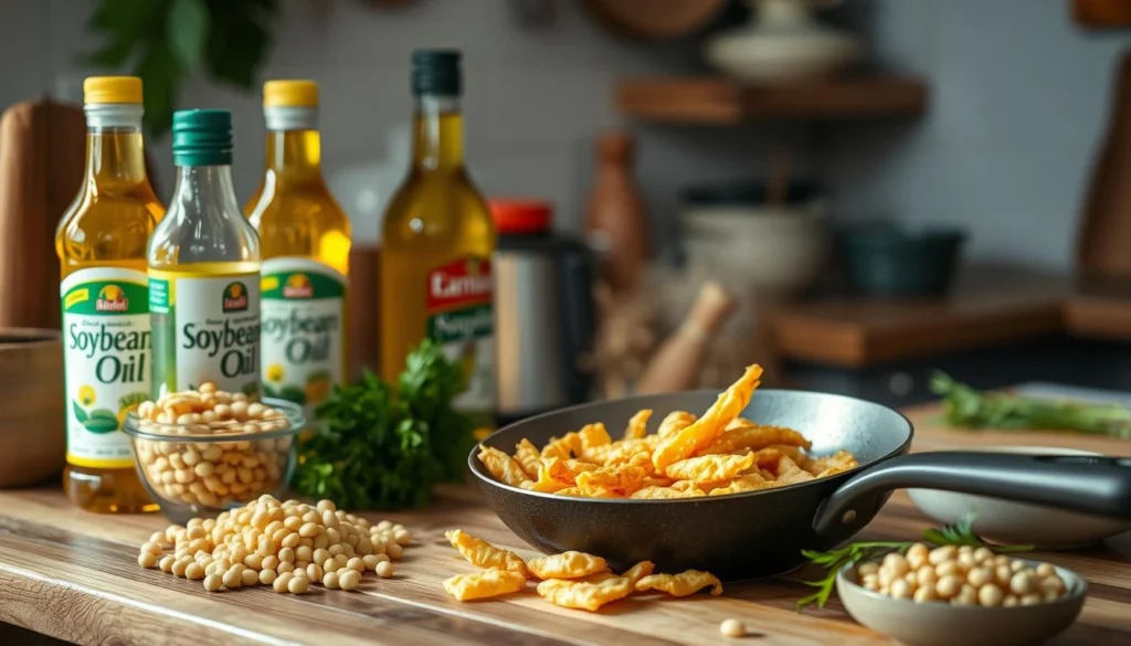 Soybean oil bottles with frying pan and fried food.
