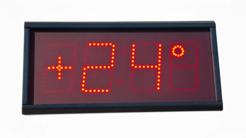 Digital thermometer displaying temperature in red LED lights