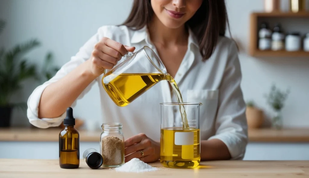 Woman preparing cosmetics using recycled cooking oil