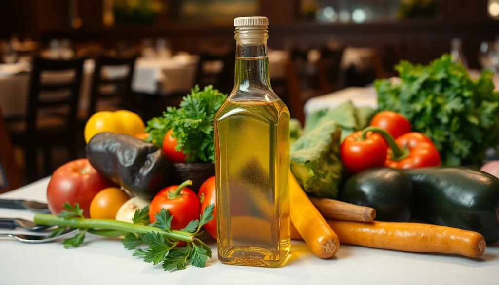 Bottle of vegetable oil surrounded by fresh vegetables.