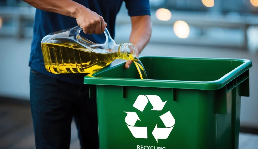 Person recycling used vegetable oil in a green bin