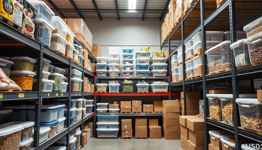 Packed goods and labeled containers on warehouse shelves.