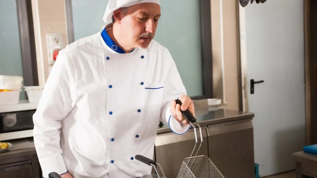 Male chef dressed in white uniform using a deep fryer.