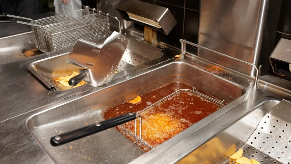 Deep fryer cooking french fries with visible oil bubbling