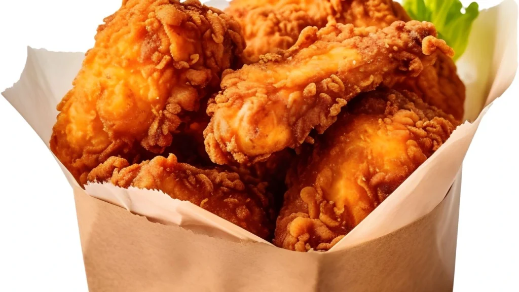 Crispy fried chicken in paper bag with lettuce