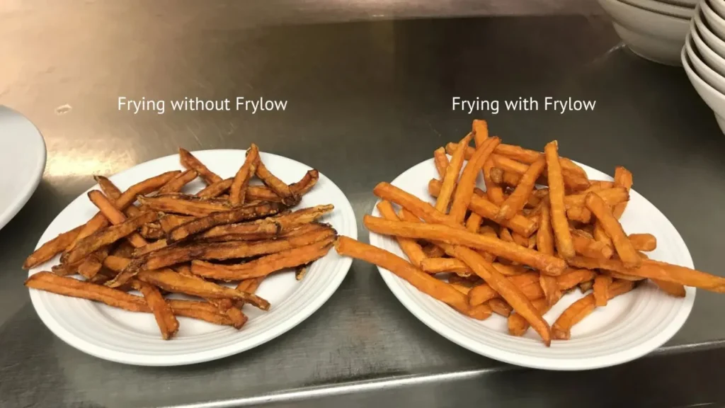 Comparison of fries cooked with and without Frylow device.