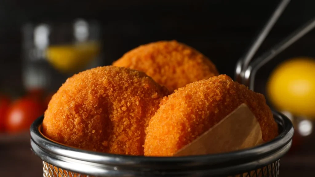 Crispy, golden fried food in metal serving basket