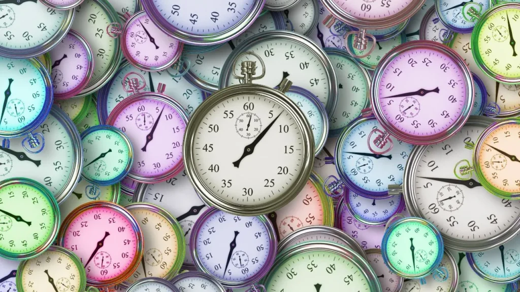 Numerous stop-watches of varying colors.