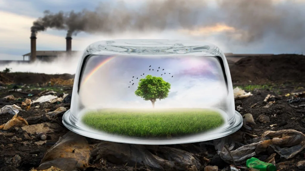 Lonely tree on lush green landscape with birds overhead encased in glass protecting from the environment.