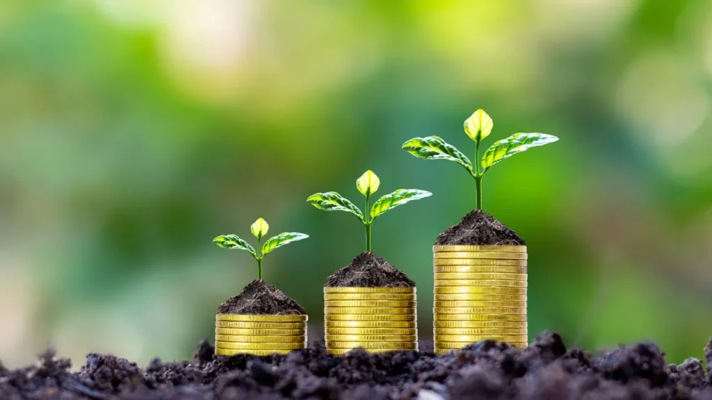 plants planted on coin stacks on pile of dirt