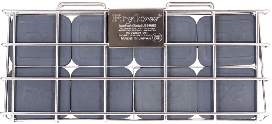 Frylow device in metal casing for fryer oil improvement.