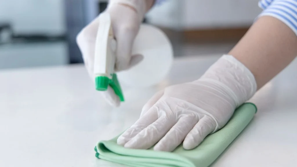 Close up of hand holding cleaning rag and supplies