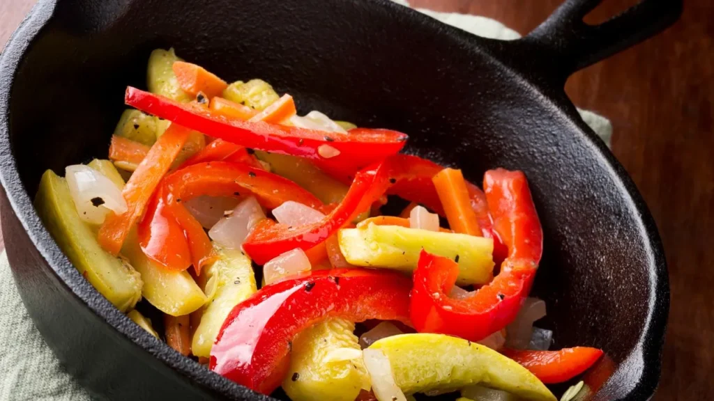 Sauteed vegetables in an iron skillet with oil.