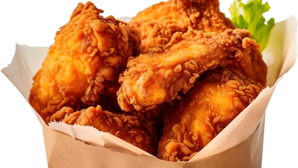 Crispy fried chicken in a paper container with lettuce.