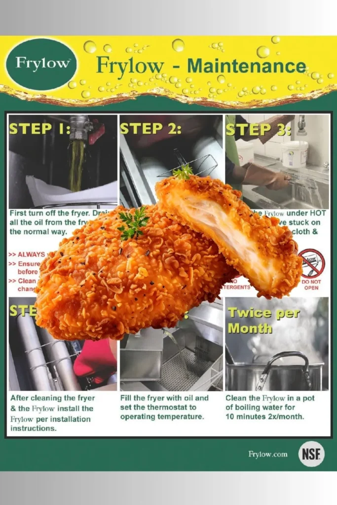 Frylow maintenance guide showing cleaning steps and fried chicken.