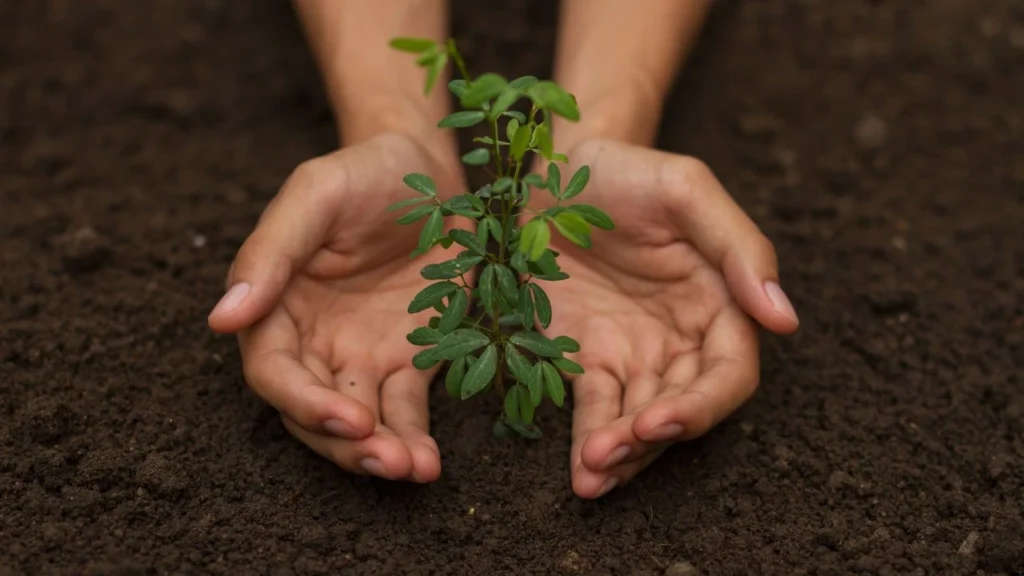 Hand protecting a plant