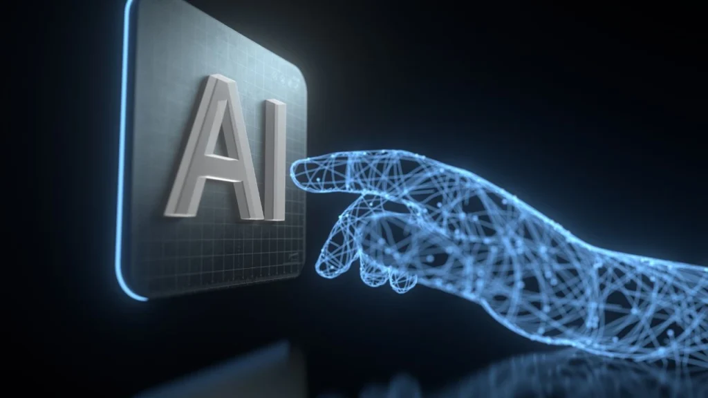 Digital hand interacts with artificial intelligence support interface.