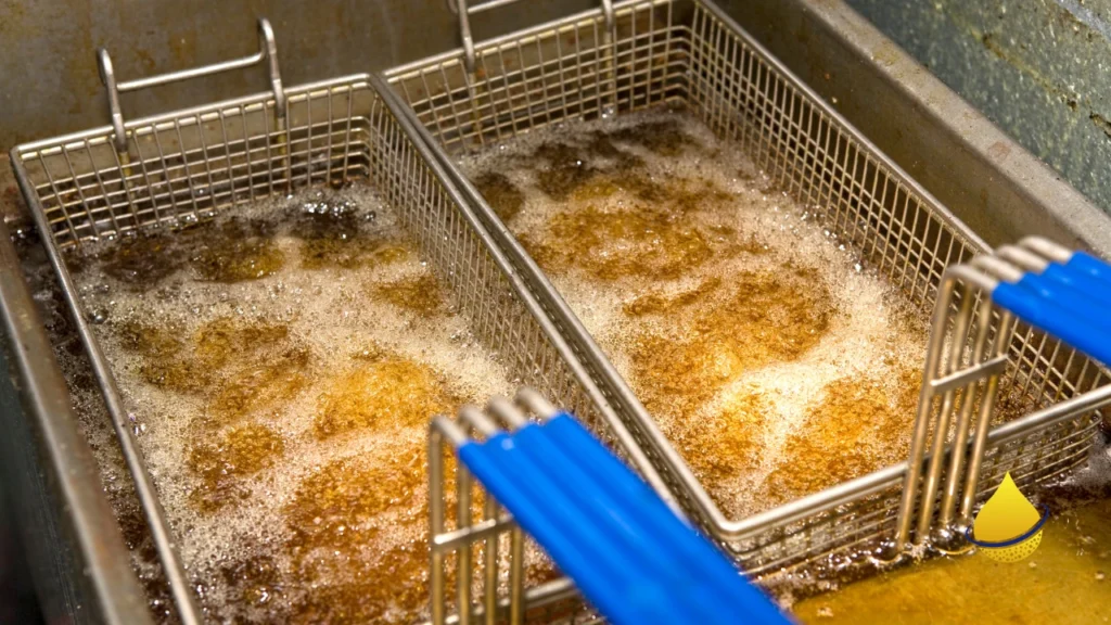 Close-up of deep fryer with bubbling hot oil baskets.